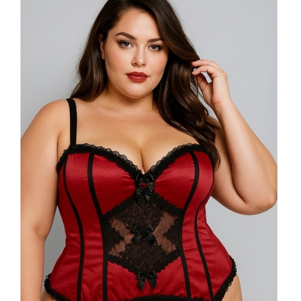 Torrid Retro Bombshell Red/Black Strapless Lace Up Back Corset Thong Set Size 40